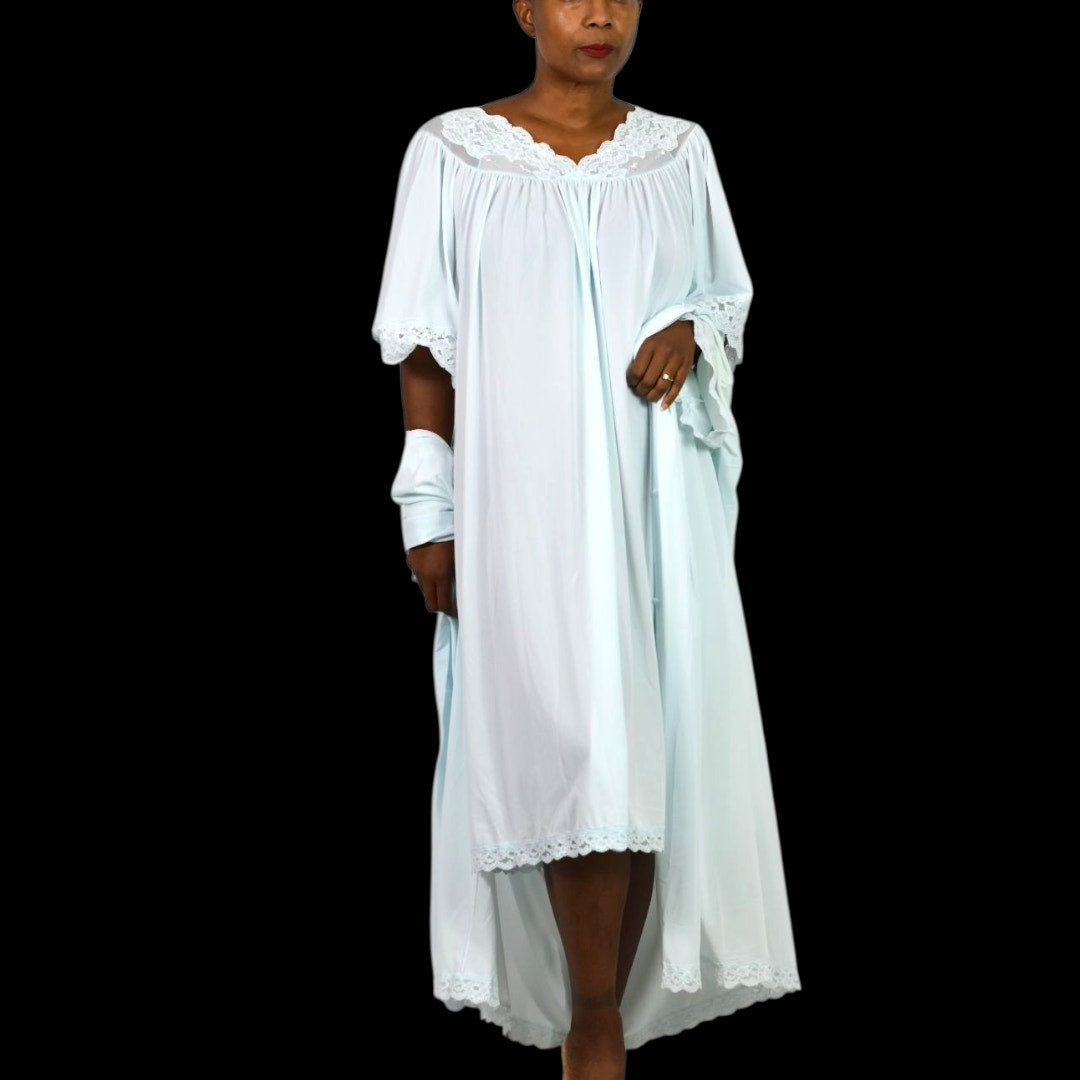 Vintage Shadowline Peignoir Set Blue Baby Powder Chiffon Sheer Nylon Negligee Gown Robe XL