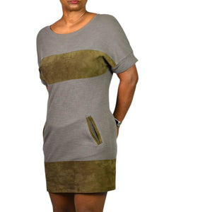 Allsaints Diego Tee Dress Grey Cotton Suede Colorblock Shift Knit Mini Pockets Minimalist XS