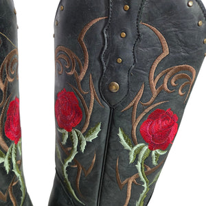 Rockem Rose Embroidered Cowboy Boots Black Western Cowgirl Square Toe Leather 7 Girls