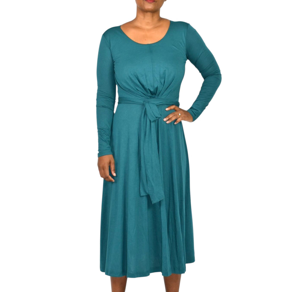 Peruvian Connection Celeste Midi Dress Teal Green Tie Waist Cotton Jersey Long Sleeve Stretch Fit Flare XS