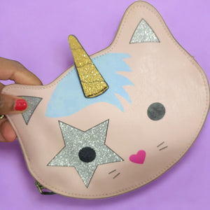 Luv Betsey Johnson Unicorn Cat Wristlet Pouch Kitty Glitter Shimmer Clutch Coin Purse