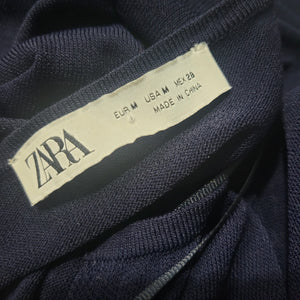Zara Knit Maxi Dress Blue Navy Sheer V Neck Oversized Belted Caftan Long Viscose Casual Medium