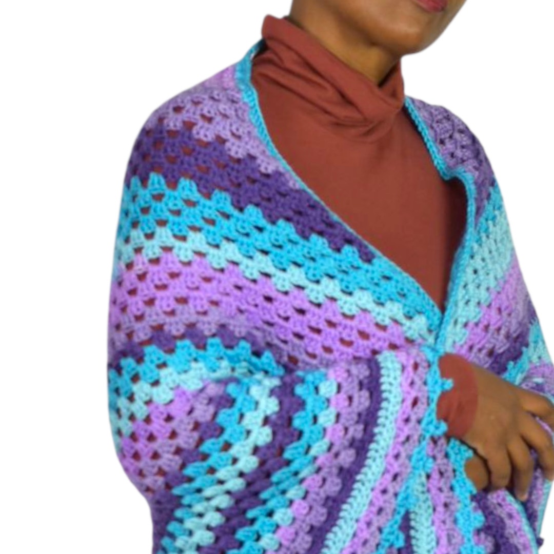 Hand Knit Crochet Shawl Blue Purple Ombre Blanket Wrap Triangle Granny Squares Vintage Afghan One Size S M L