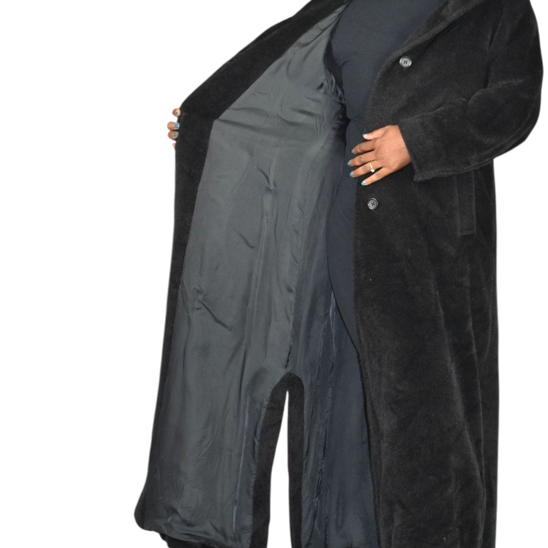 Cinzia Rocca Llama Faux Fur Coat Black Long Maxi Coat Side Slits Luxury Piacenza Wool Blend 2