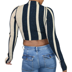 Self Portrait Crop Top Blue Striped Knit Lurex Metallic Shiny Mock Neck Fitted Small