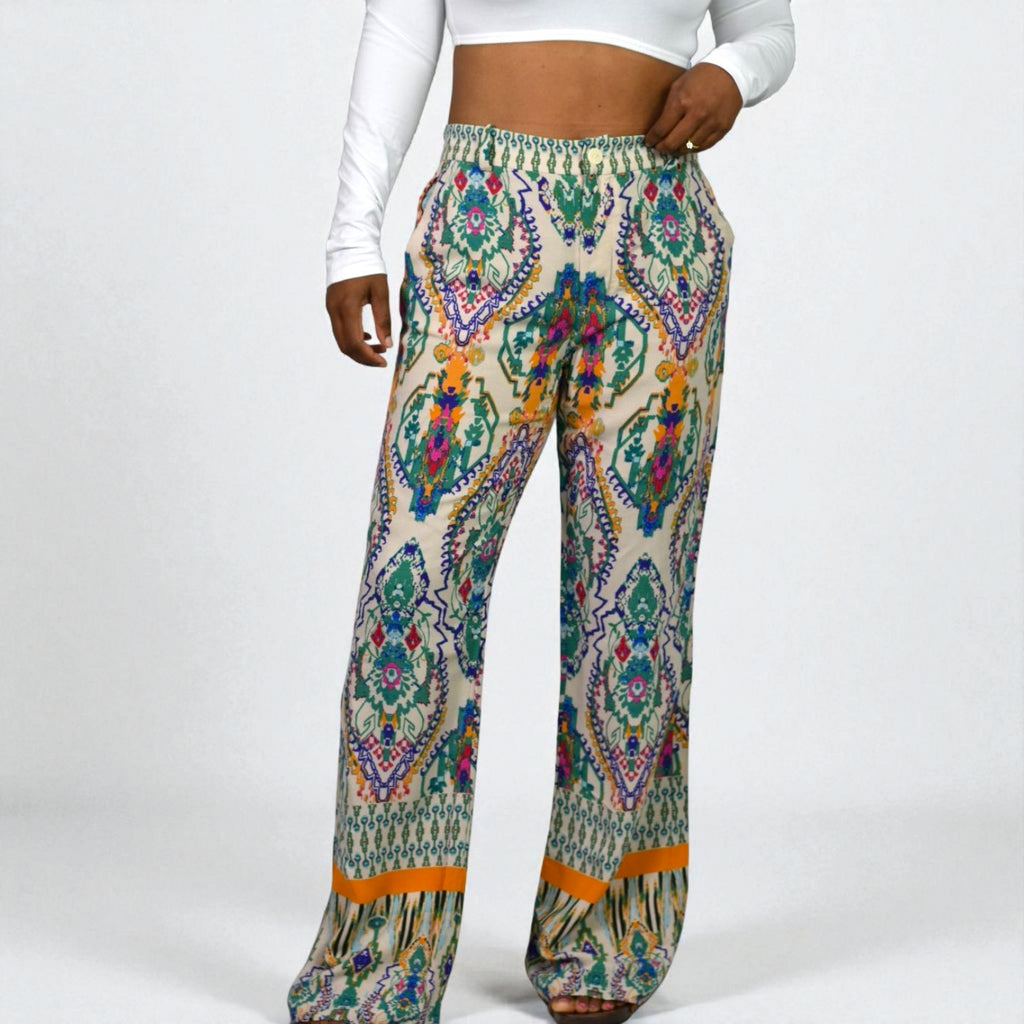 Zara Bohemian Wide Leg Palazzo Pants Cream Multicolor Medallion Mandala Paisley Colorful Mosaic Medium