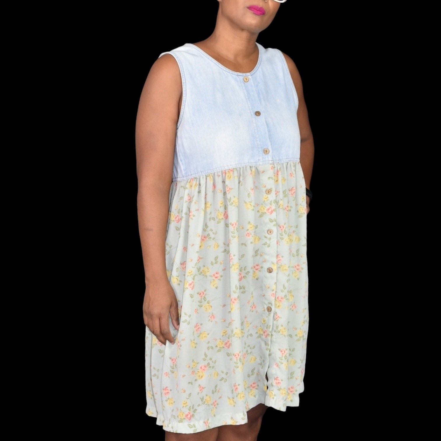 Vintage Express Dress Blue Denim Floral Chiffon Smock Jumper Sundress Button Front Jean 90s Size Medium