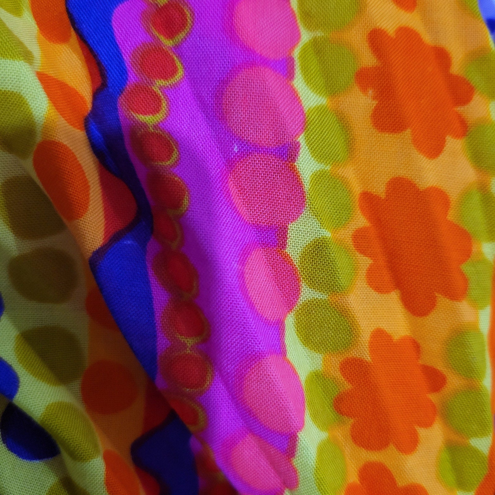 Vintage Abstract Psychedelic Accordion Caftan Dress Pink Geo Neon Dayglo Rainbow Print Maxi 60s 70s One Size S M L