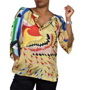 TIBI Silk Printed Tunic Yellow Colorful Peacock Jeweled Studded Blue Cutouts Birds 6