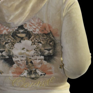 Juicy Couture Velour Hoodie Beige Zip Front Y2K Jacket Leopard Diamond Airbrush Logo Small