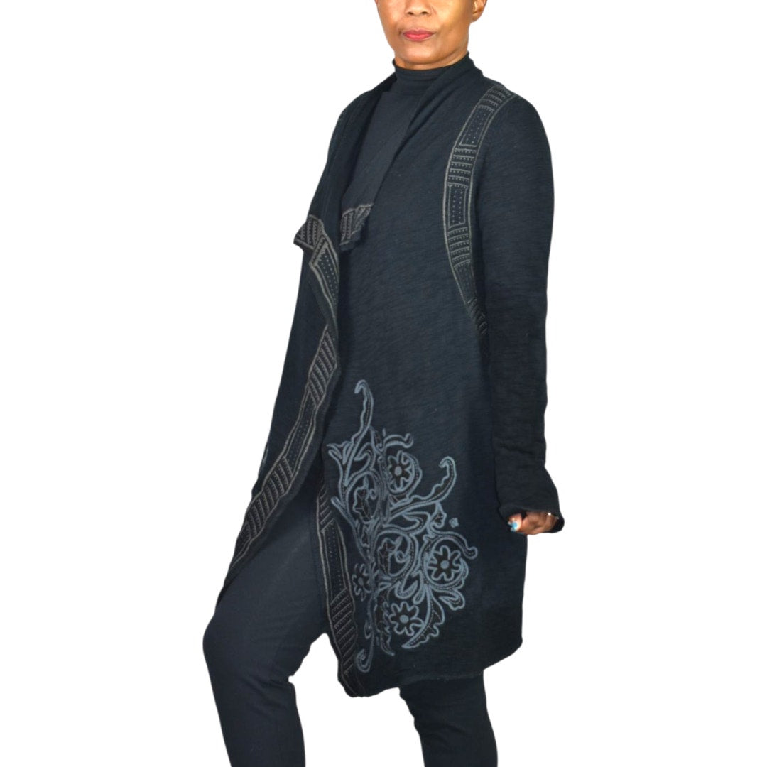 Paparazzi Biz Embroidered Asymmetric Cardigan Jacket Black Duster Cotton Open Front Medium