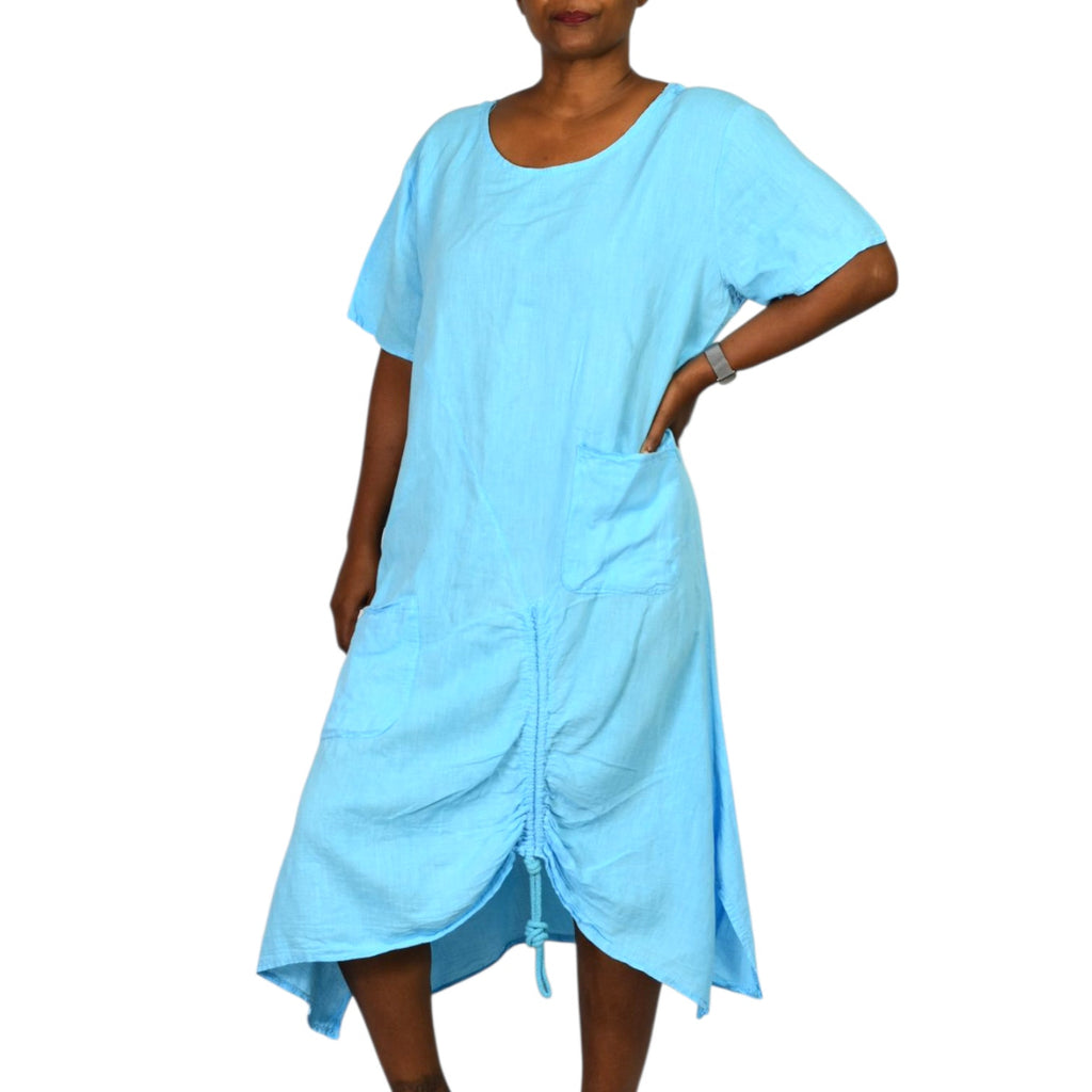 Fenella Linen Dress Blue Crinkled Lagenlook Ruched Pockets Italian Asymmetric Pockets One Size S M L XL