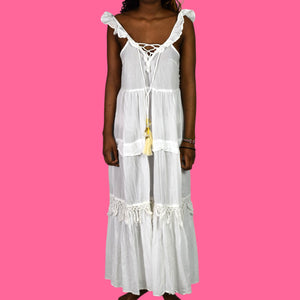 True Destinations Tiered Maxi Dress White Bohemian Voile Lightweight Cotton Fringe Coverup Small