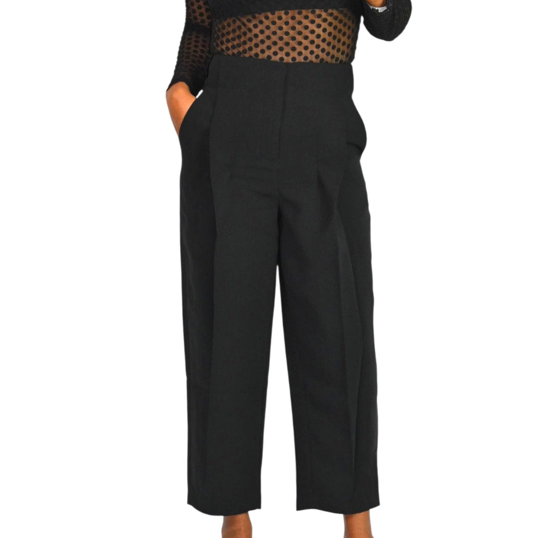 Tout a Coup Pleat Crop Trouser Pants Black High Waist Crepe Dress Evening Business Casual Tapered XS