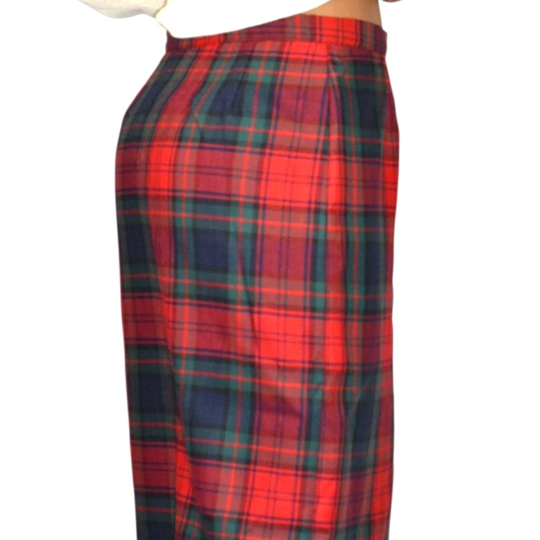 Vintage Rafaella Sport Tartan Maxi Skirt Red Plaid Check Fringe Slit Wool Long Straight Column 8