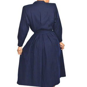 Blue Berry Retro Office Midi Dress Blue Navy Shirt Shoulder Pads Collar Pleated Small 2 4