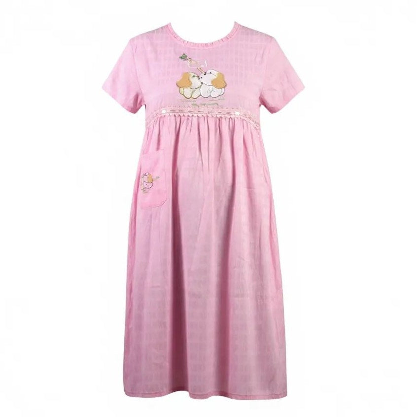 Jin Deyi Pink Puppy Dress Ribbons Dogs Embroidery Lace Pocket Smock Shift Applique Girls XXL