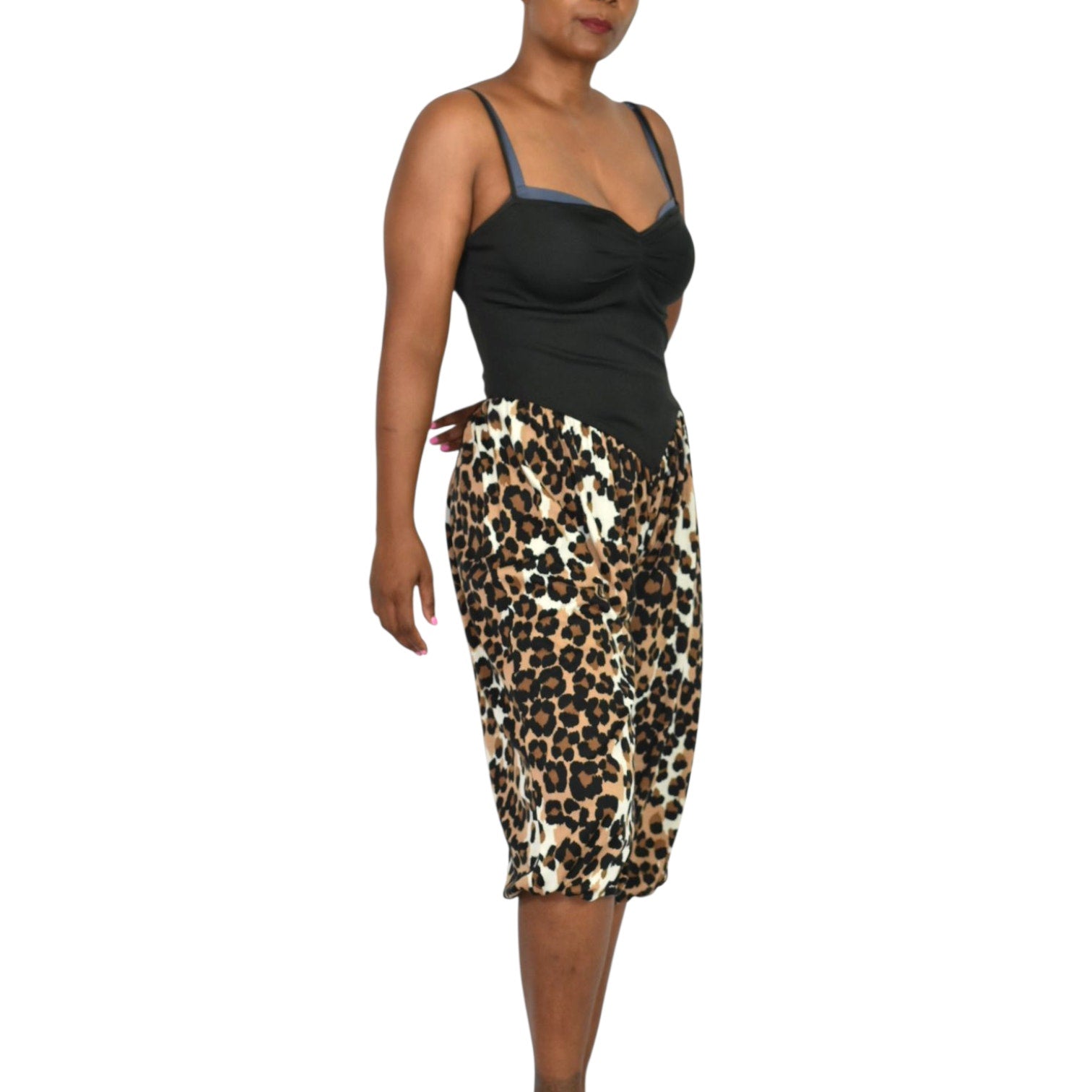 Vintage Leopard Print Jumpsuit Brown Cropped Harem Balloon Yoked 70s Sweetheart Straps Small
