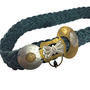 Baer SF Braided Belt Green Leather Mixed Embellished Media Metals Discs Arty Bohemian Handmade