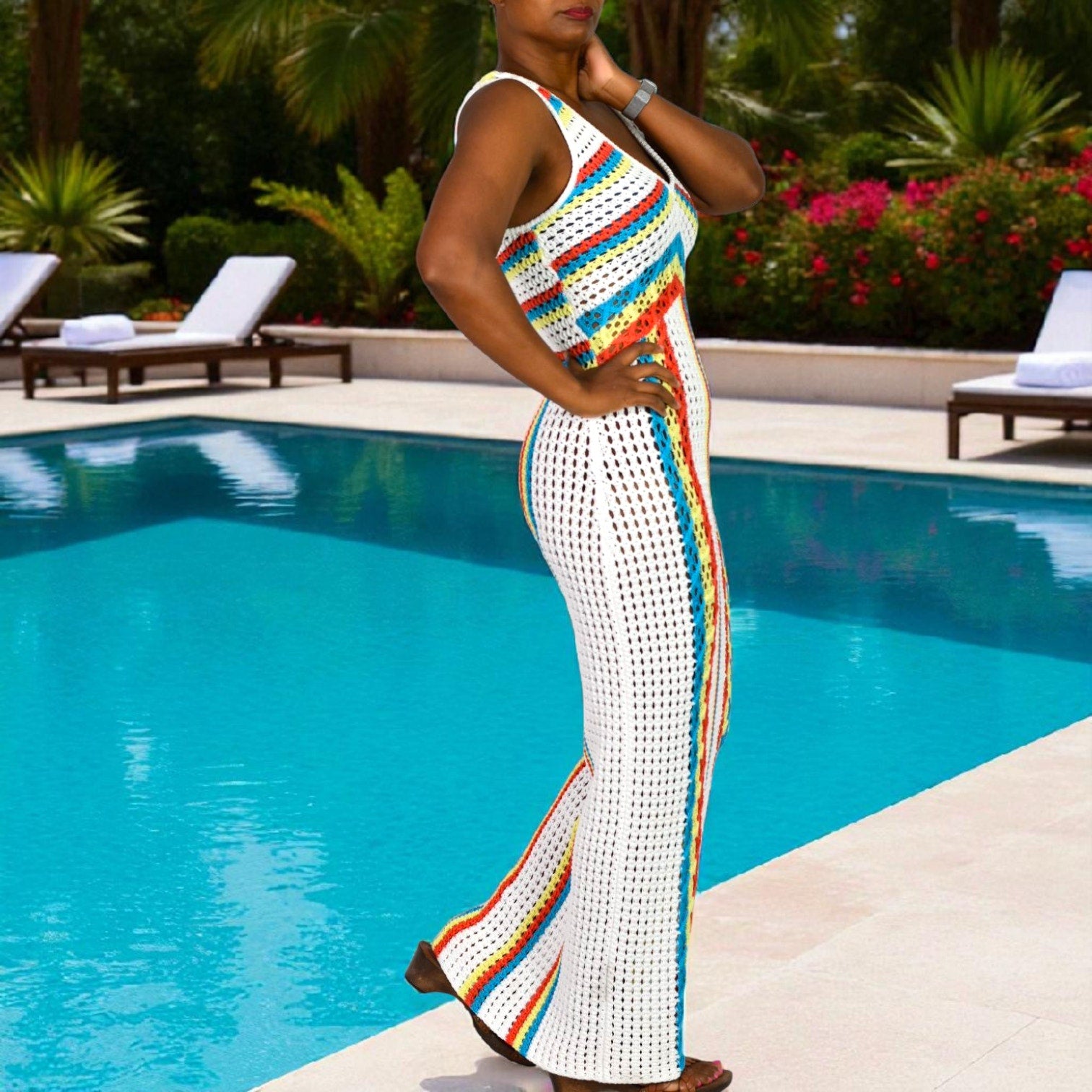Solid Striped Aubrey Crochet Maxi Cover Up Dress White Rainbow Vertical Stripe Knit Small