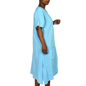 Fenella Linen Dress Blue Crinkled Lagenlook Ruched Pockets Italian Asymmetric Pockets One Size S M L XL