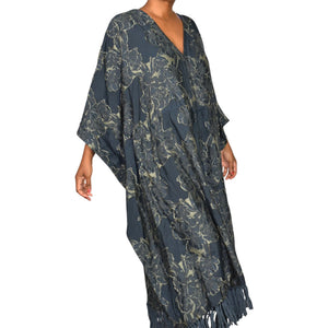 Billy Reid Juniper Jacquard Kaftan Dress Blue Floral Long Oversized Patio Muumuu Caftan Fringe Medium Large M L