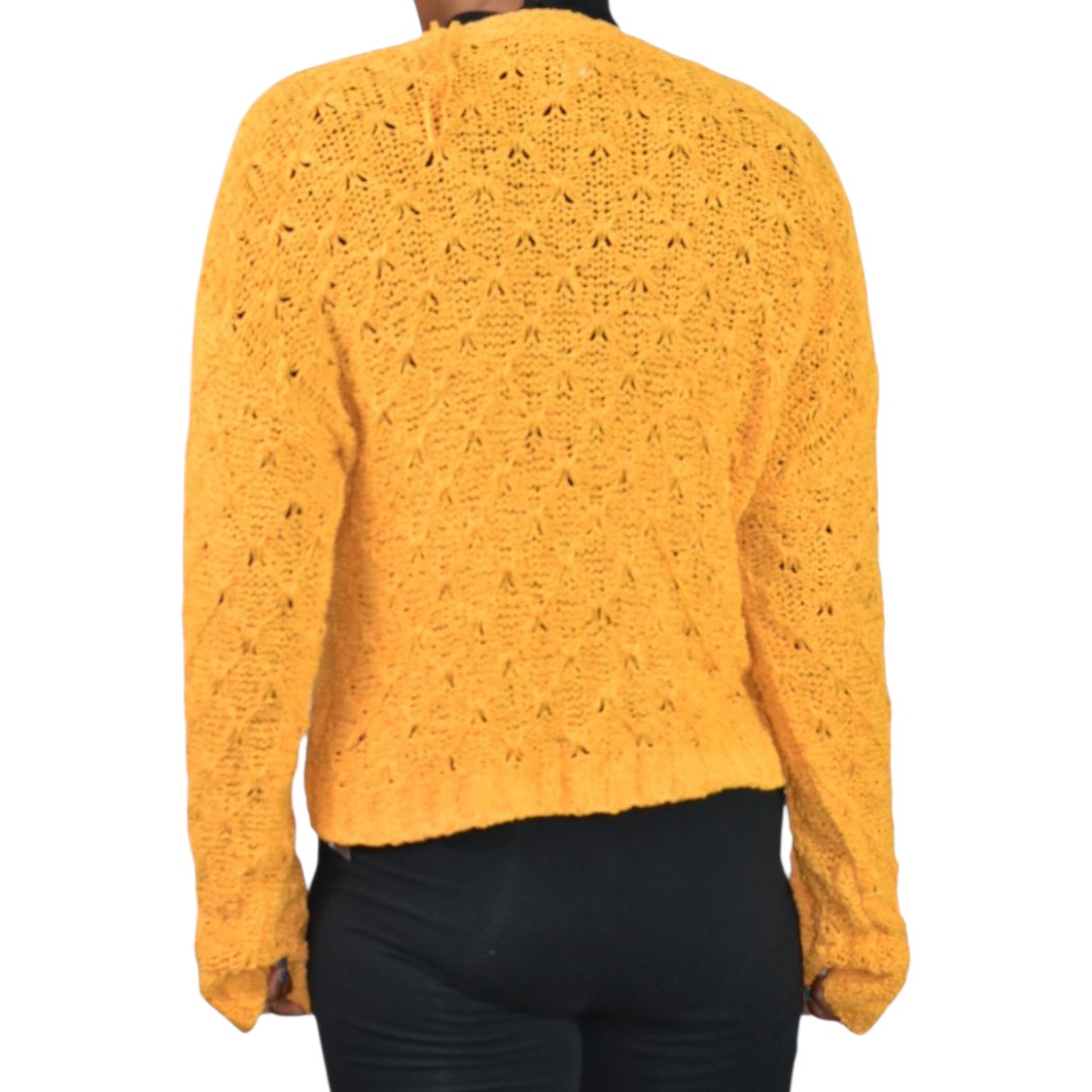 American Eagle Cropped Cardigan Sweater Yellow Slouchy Crochet Cotton Blend Knit Boxy V Neck XS