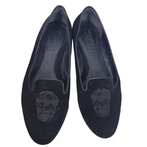 Alexander McQueen Skull Loafers Black Suede Flats Leather Sequin Slip On Semi Pointed Toe 39.5 9.5