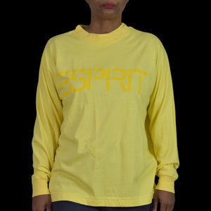 Vintage Esprit Long Sleeve Shirt Yellow Logo Pullover Cotton Retro Pastel Medium