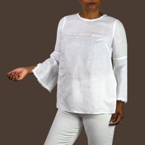 J Jill White Linen Tunic Top Bell Sleeve Boxy Relaxed Casual Slit Lightweight XS