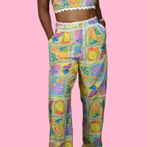 Fore Fruit Print Pant Set Yellow Block Print Matching CoOrd Crop Top Wide Leg Medium