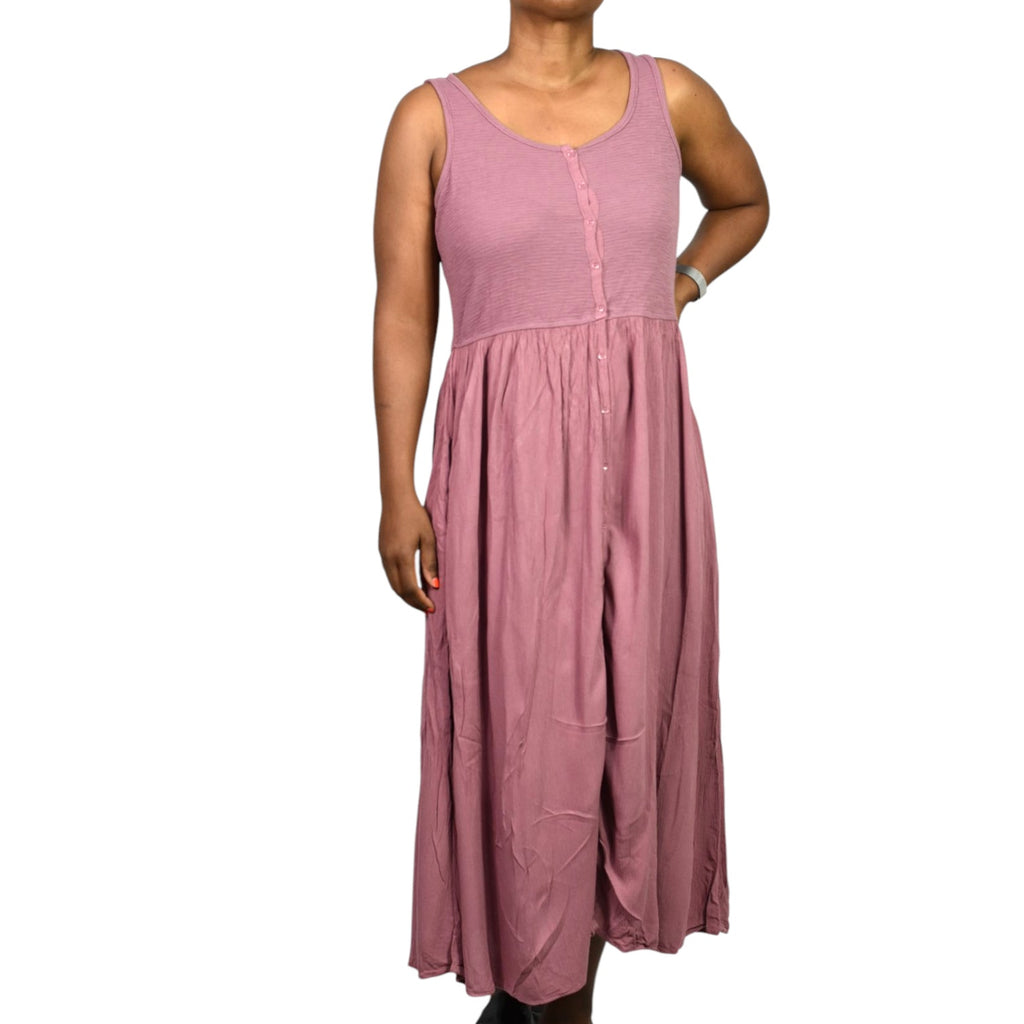 Frye Easy Button Front Dress Pink Mauve Minimalist Tank Jersey Knit Pockets Rayon Medium