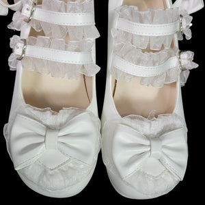 Lolita Mary Jane Shoes White Bows Ribbons Chunky Block Heels Platform Coquette Frilly Size 8