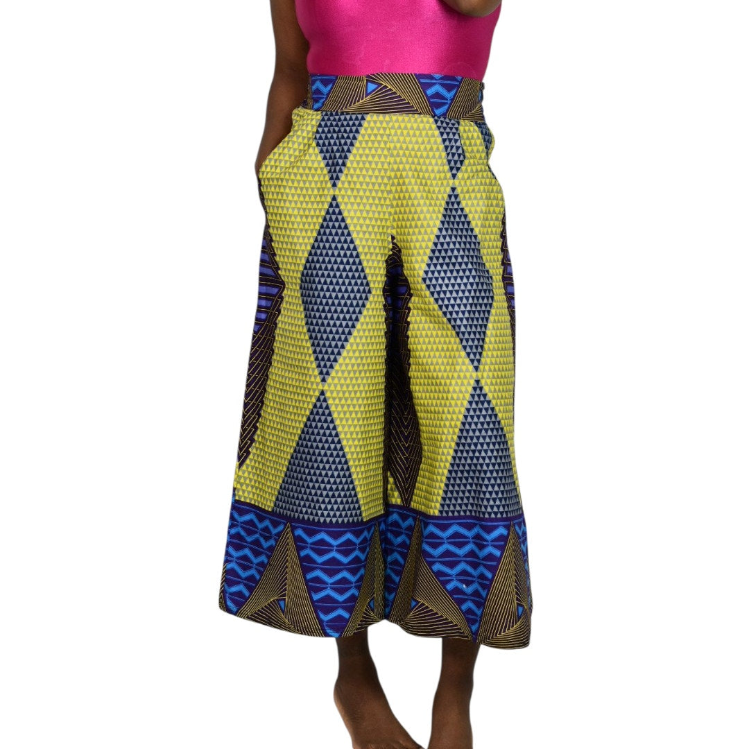 Grass Fields Ankara Wide Leg Crop Pants Yellow Culottes Gaucho African Print Small Medium