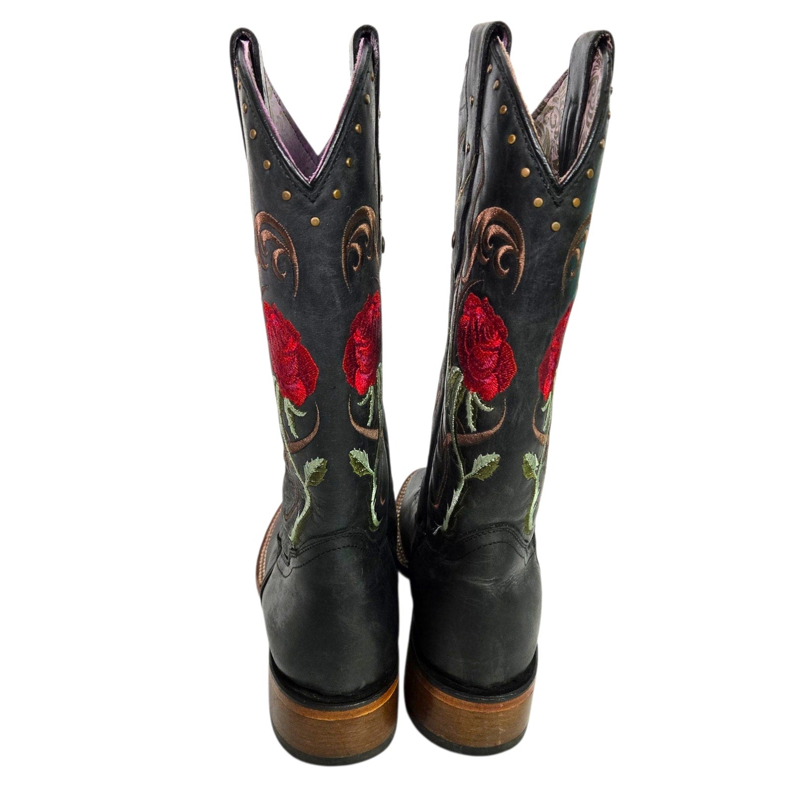 Rockem Rose Embroidered Cowboy Boots Black Western Cowgirl Square Toe Leather 7 Girls