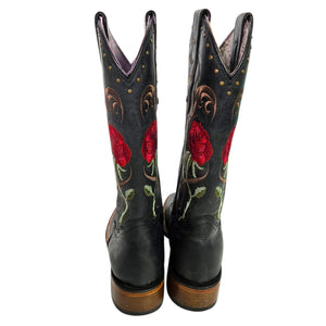 Rockem Rose Embroidered Cowboy Boots Black Western Cowgirl Square Toe Leather 7 Girls
