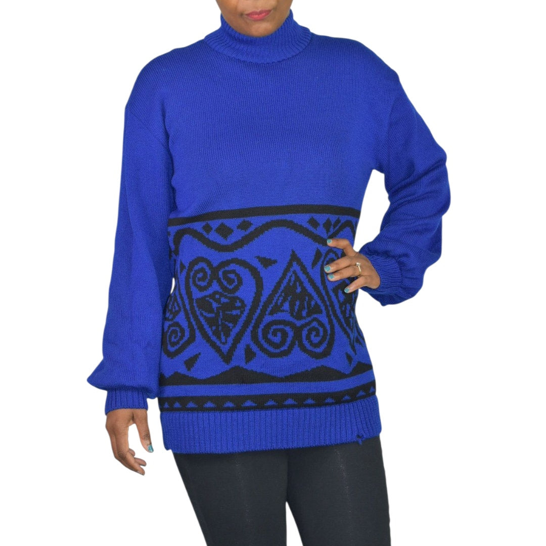 Vintage St John Sportswear Sweater Royal Blue Marie Gray Patterned Turtleneck Medium