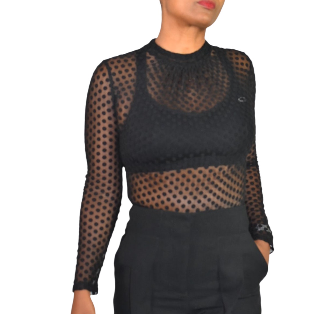 Windsor Sheer Bodysuit Black Flocked Polka Dot Mock Mesh Neck Long Sleeves Top Small
