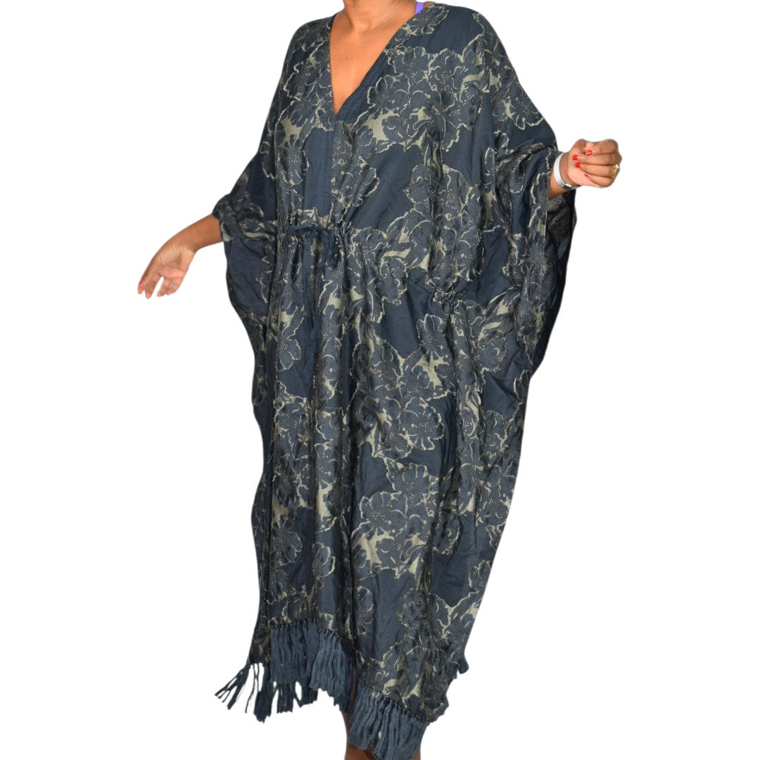 Billy Reid Juniper Jacquard Kaftan Dress Blue Floral Long Oversized Patio Muumuu Caftan Fringe Medium Large M L