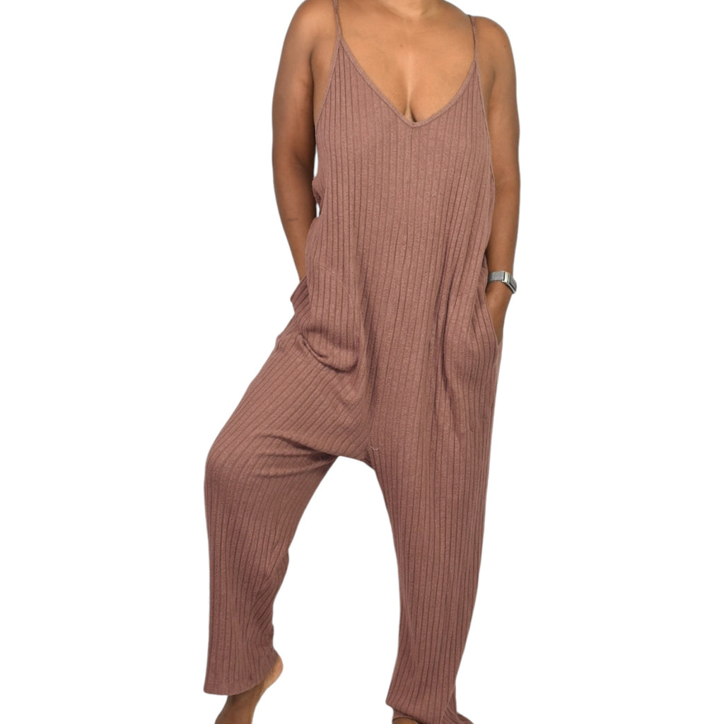 American Eagle Ribbed Knit Jumpsuit Brown Lounge Drop Crotch Racerback. Relaxed Size Medium