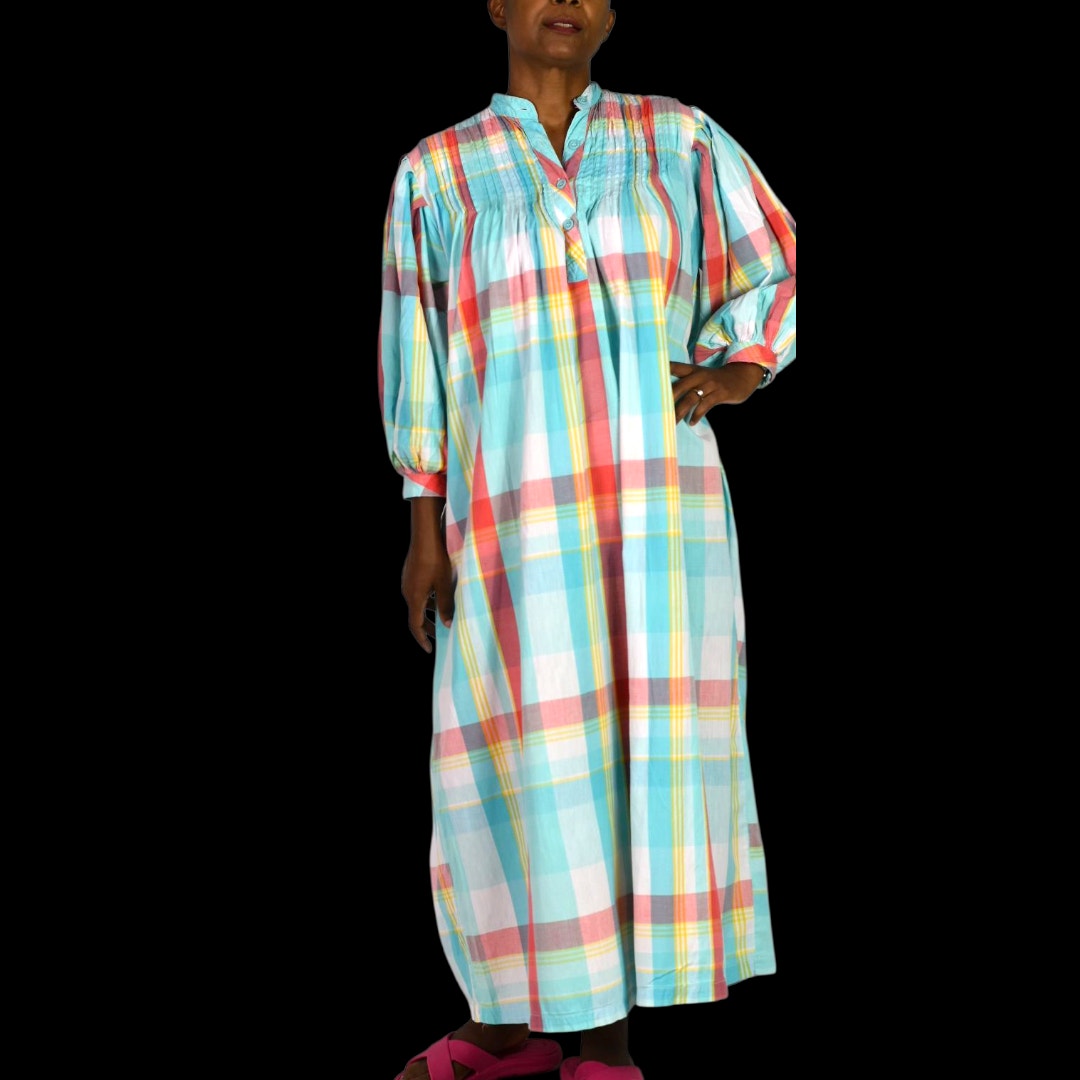 Vintage Saybury Nightshirt Blue Plaid Check Shirtdress Dress Pockets Cotton Pastel Oversized Muumuu Small