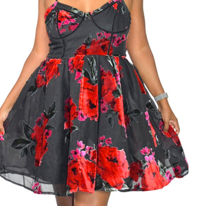 Betsey Johnson Lucia Bustier Dress Red Floral Mini Sheer Velvet Burnout Rose Corset Babydoll Sweetheart Large