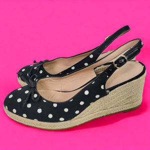 Kate Spade Panama Nights Wedge Black Polka Dot Heels Espadrille Canvas Slingback Size 7.5