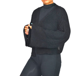 Anthropologie Open Weave Knit Cardigan Black Bell Sleeve Shrug Shawl Sweater One Size