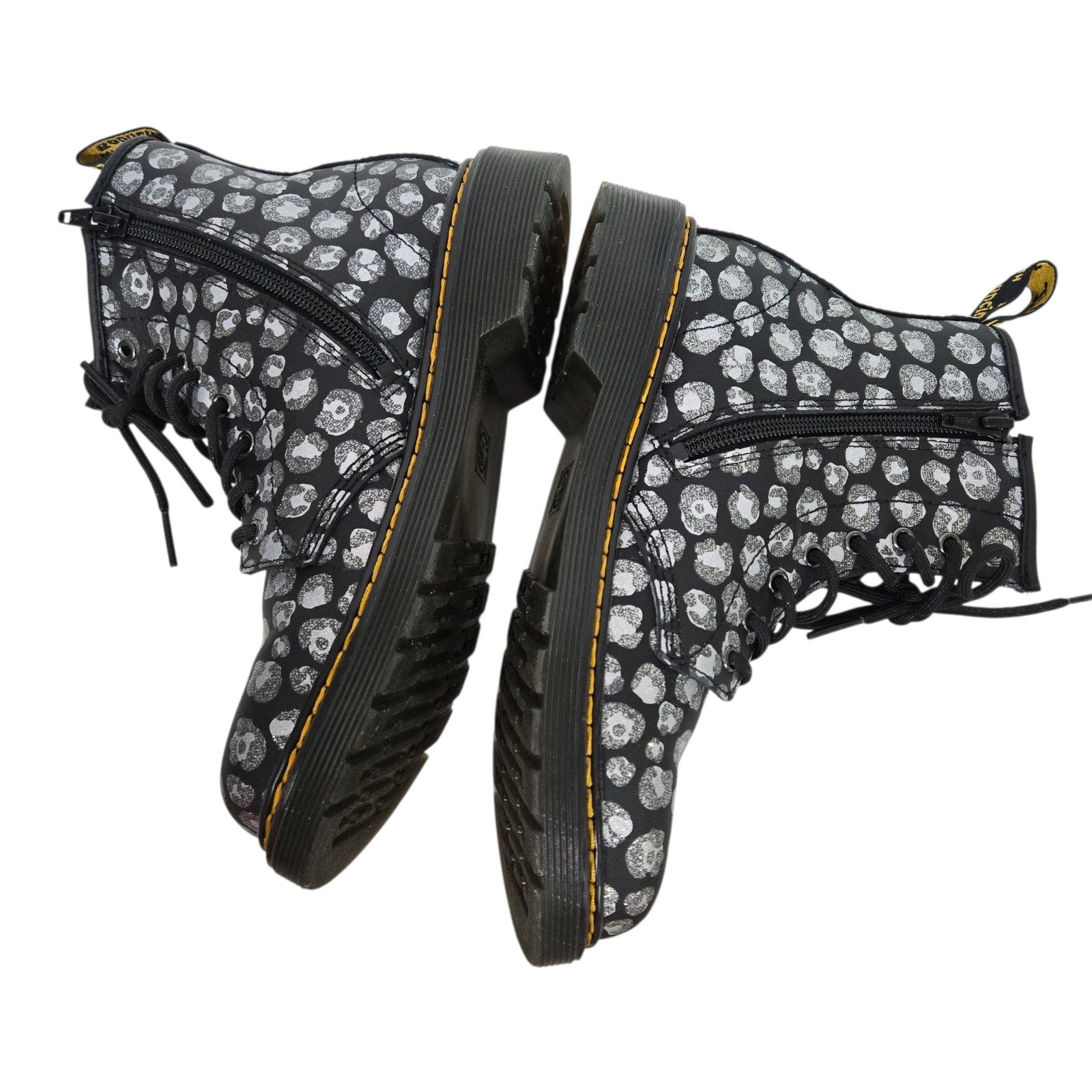 Dr Martens Junior Leopard Hydro Combat Boots Black Skulls Metallic Leather Ankle Girls 4