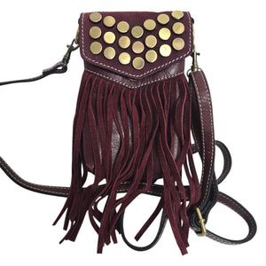 Firenze Bella Fringe Leather Bag Red Burgundy Studded Crossbody Pouch Adjustable Compact