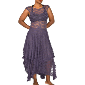 Free People French Courtship Slip Dress Purple Stretch Lace Sheer Midi Asymmetric Handkerchief Hem XS