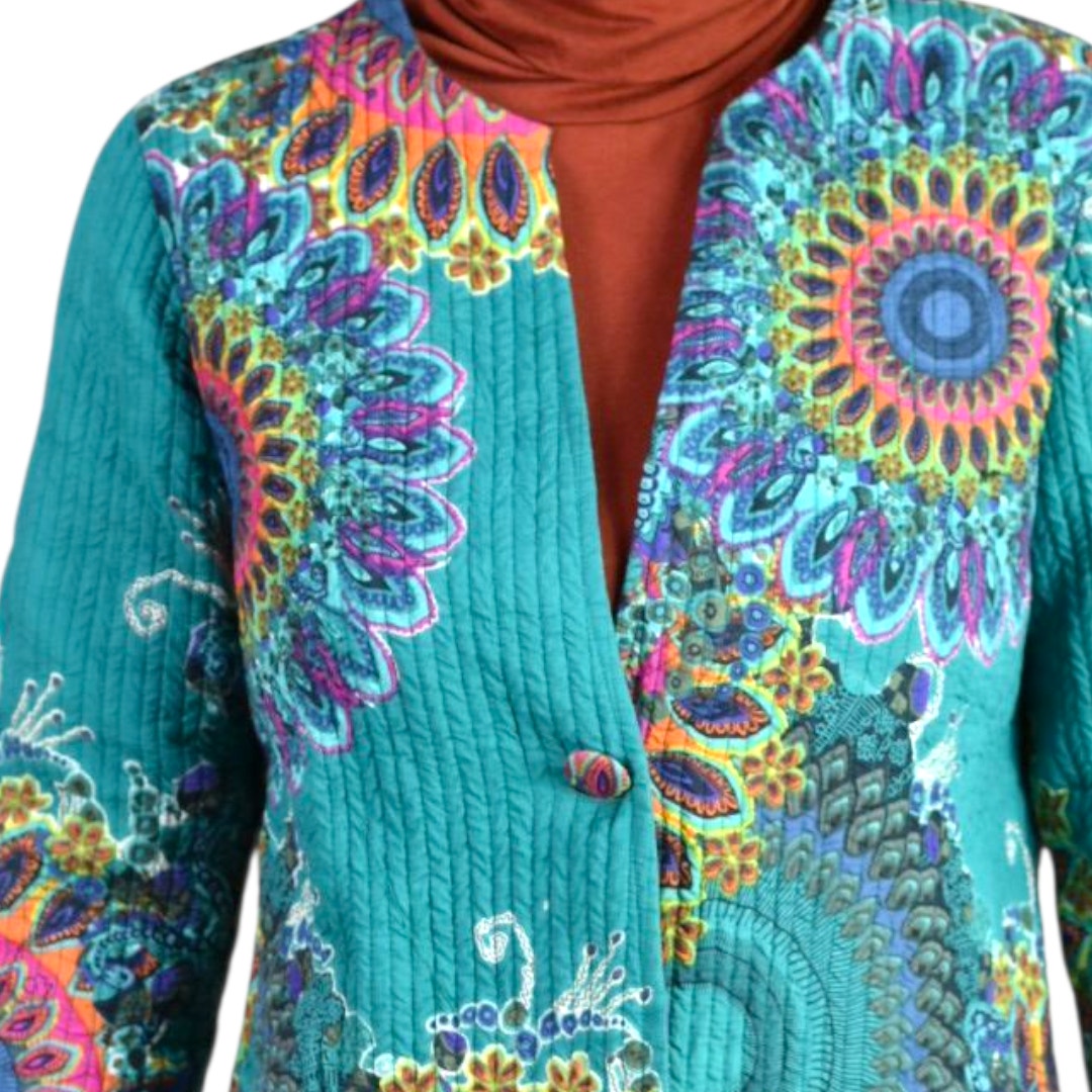 Soft Surroundings Quilted Jacket Green Teal Boho Paisley Floral Cotton Mandala Print Artistic XS