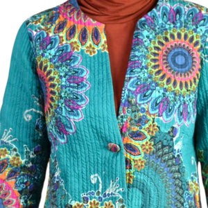 Soft Surroundings Quilted Jacket Green Teal Boho Paisley Floral Cotton Mandala Print Artistic XS