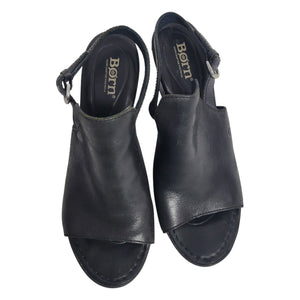 Born Bevi Wedge Heels Black Open Toe Leather Slingback Comfort Cushioned Buckle 7
